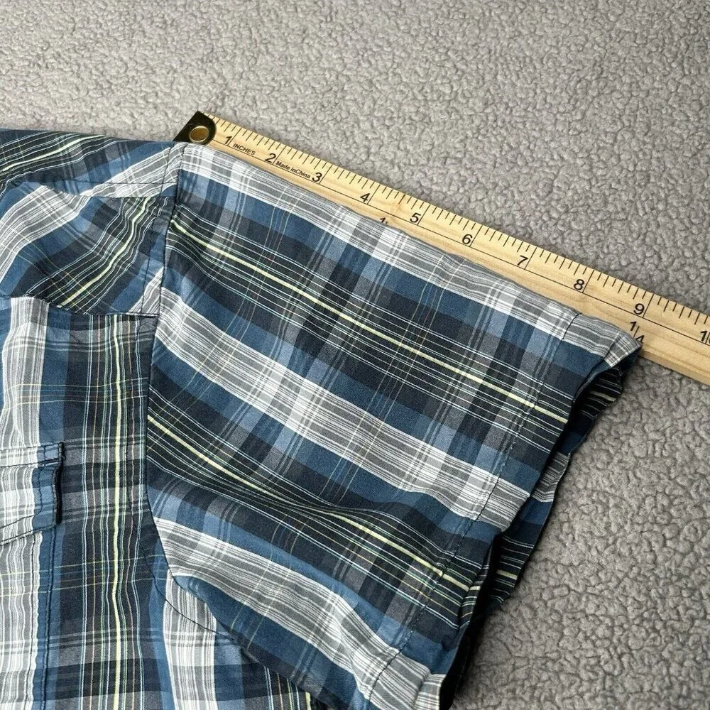 Prana Shirt Mens Medium Blue Plaid Button Up Camp Short Sleeve Hiking Outdoor